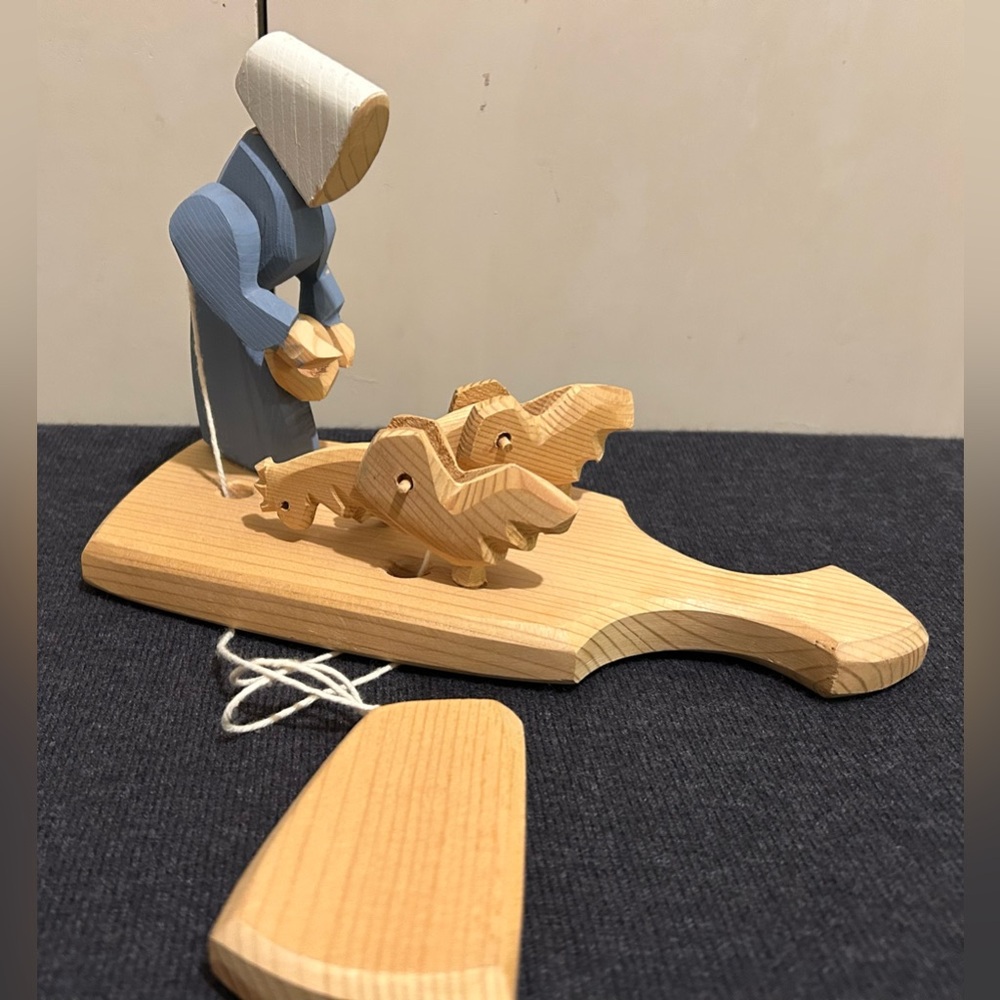 Vintage Wood Paddle Board With Pecking Hens Chickens Folk Art
